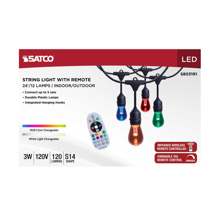 String Light Satco S8031R1 24 Foot LED String Light - 12-S14 Lamps - Medium Base - RGBTW - Infrared Remote - Black - 120 Volt Satco