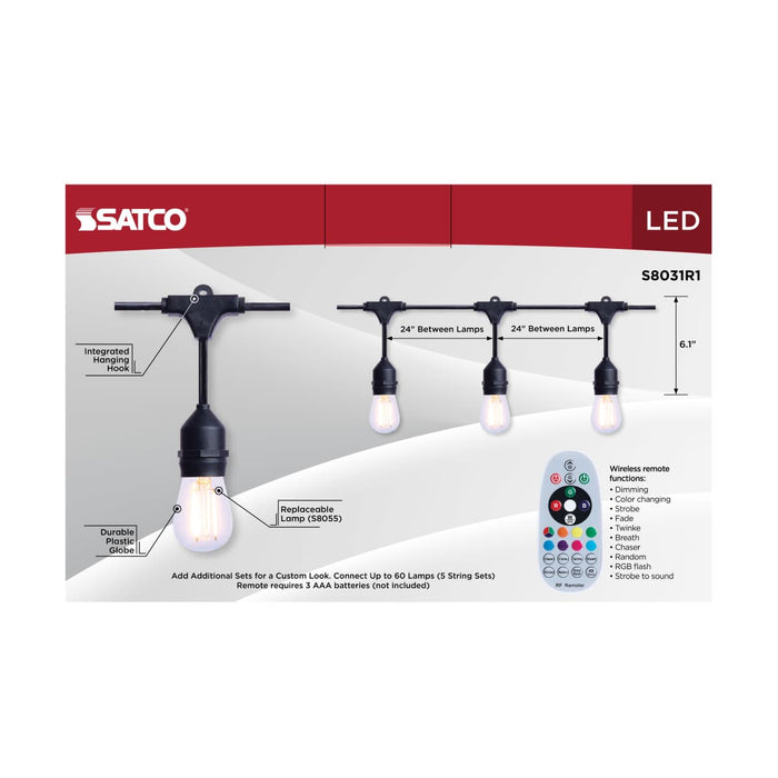 String Light Satco S8031R1 24 Foot LED String Light - 12-S14 Lamps - Medium Base - RGBTW - Infrared Remote - Black - 120 Volt Satco