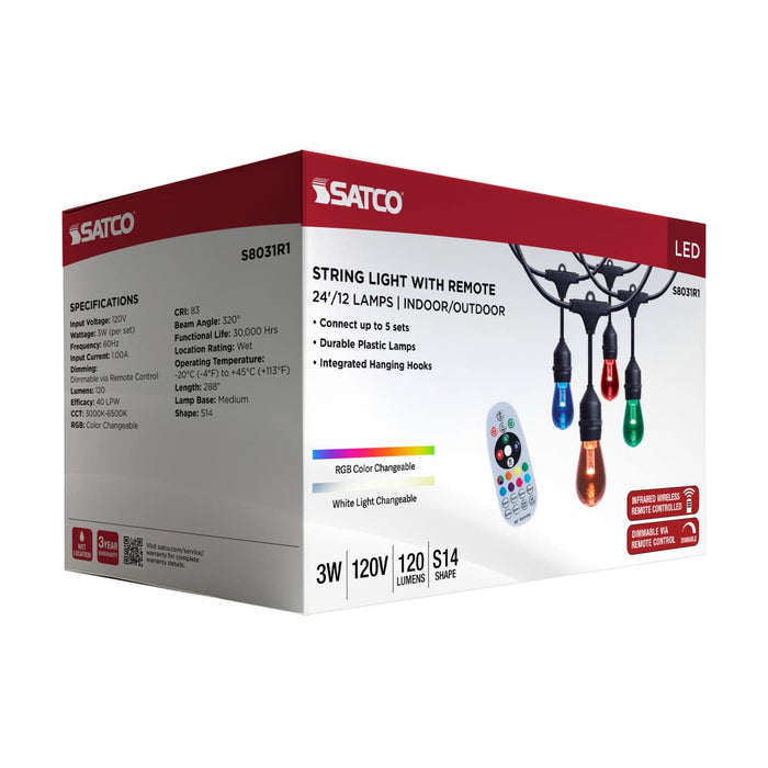 String Light Satco S8031R1 24 Foot LED String Light - 12-S14 Lamps - Medium Base - RGBTW - Infrared Remote - Black - 120 Volt Satco
