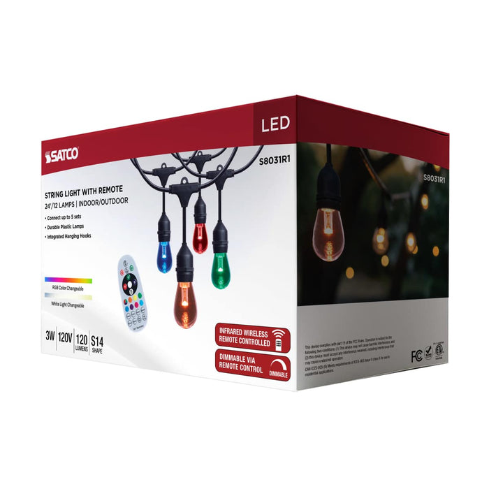 String Light Satco S8031R1 24 Foot LED String Light - 12-S14 Lamps - Medium Base - RGBTW - Infrared Remote - Black - 120 Volt Satco