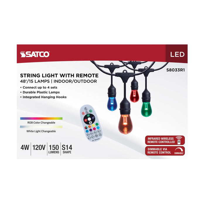 String Light Satco S8033R1 48 Foot LED String Light - 15-S14 Lamps - Medium Base - RGBTW - Infrared Remote - Black - 120 Volt Satco