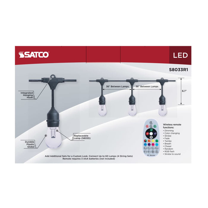 String Light Satco S8033R1 48 Foot LED String Light - 15-S14 Lamps - Medium Base - RGBTW - Infrared Remote - Black - 120 Volt Satco