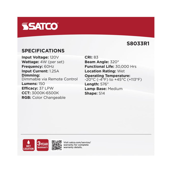 String Light Satco S8033R1 48 Foot LED String Light - 15-S14 Lamps - Medium Base - RGBTW - Infrared Remote - Black - 120 Volt Satco