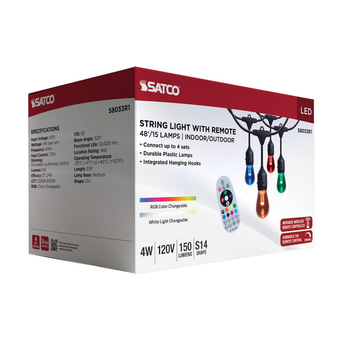 String Light Satco S8033R1 48 Foot LED String Light - 15-S14 Lamps - Medium Base - RGBTW - Infrared Remote - Black - 120 Volt Satco