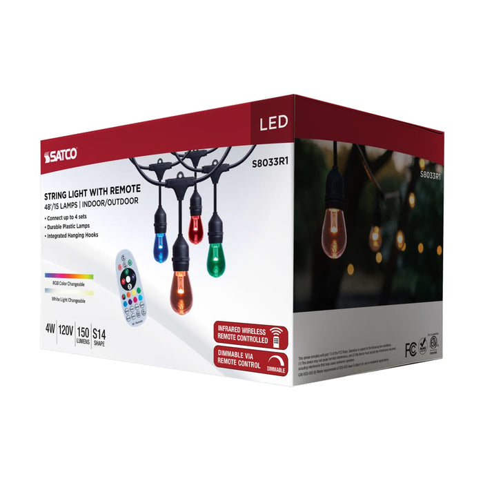 String Light Satco S8033R1 48 Foot LED String Light - 15-S14 Lamps - Medium Base - RGBTW - Infrared Remote - Black - 120 Volt Satco