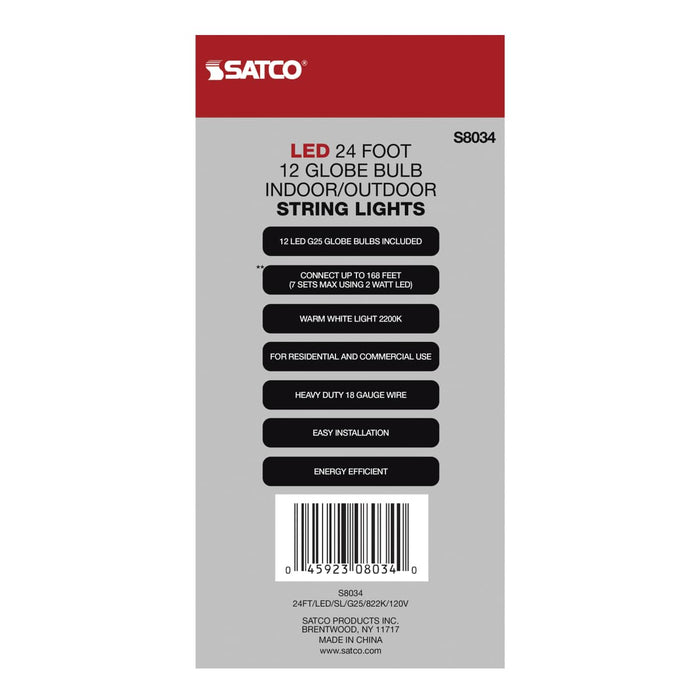 String Light Satco S8034 24Ft - LED String Light - Includes 12-G25 bulbs - 2200K - 120 Volts Satco