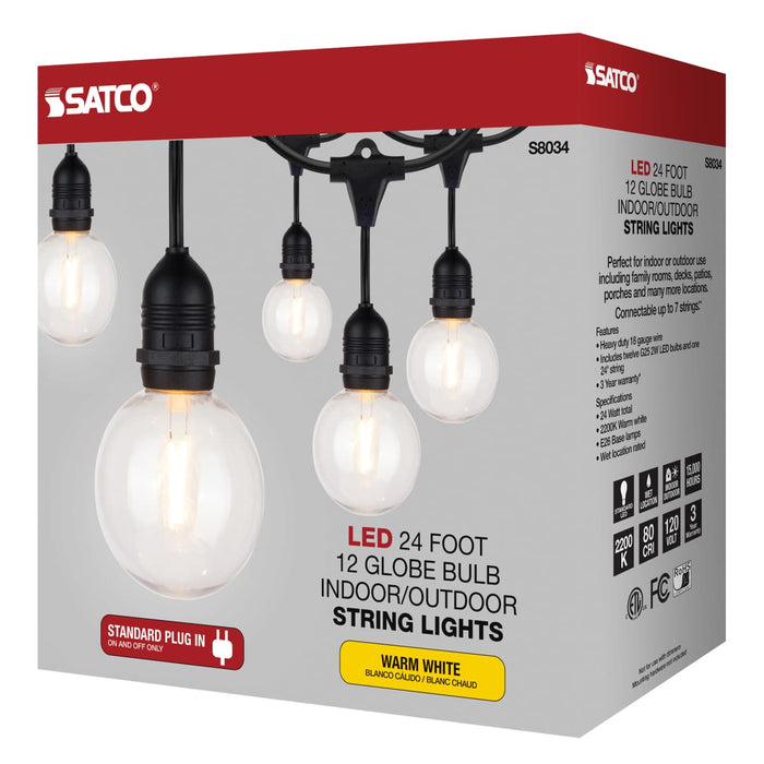 String Light Satco S8034 24Ft - LED String Light - Includes 12-G25 bulbs - 2200K - 120 Volts Satco