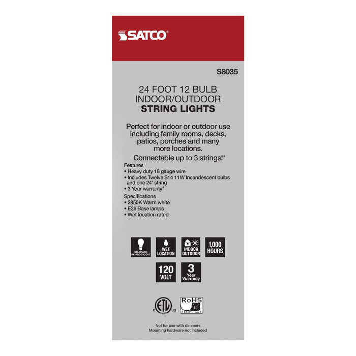 String Light Satco S8035 24Ft - Incandescent String Light - Includes 12-S14 bulbs - 120 Volts Satco