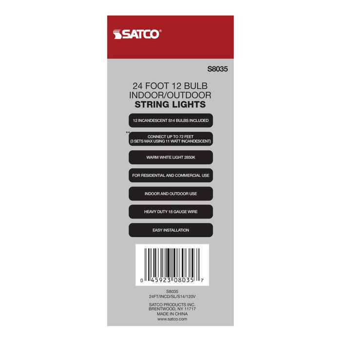 String Light Satco S8035 24Ft - Incandescent String Light - Includes 12-S14 bulbs - 120 Volts Satco