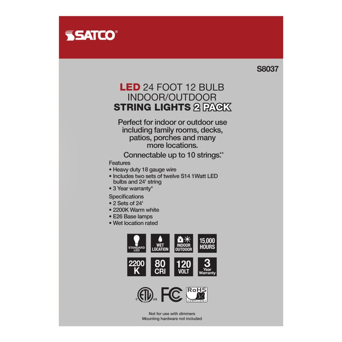 String Light Satco S8037 2 Pack - 24Ft - LED String Light - Includes 12-S14 bulbs - 2200K - 120 Volts Satco