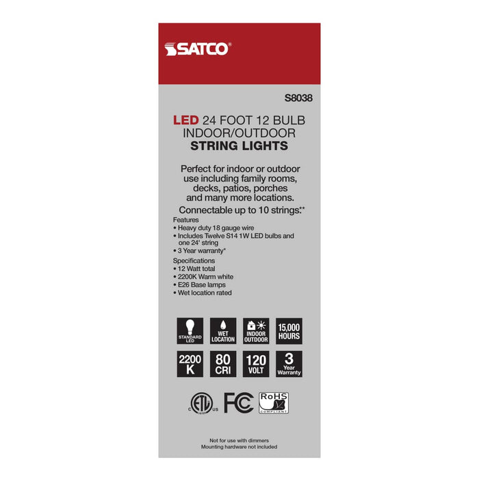 String Light Satco S8038 24Ft - LED String Light - Includes 12-S14 bulbs - 2200K - White Cord Satco