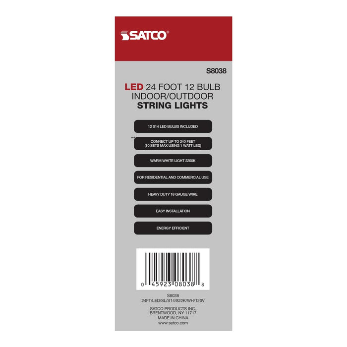 String Light Satco S8038 24Ft - LED String Light - Includes 12-S14 bulbs - 2200K - White Cord Satco