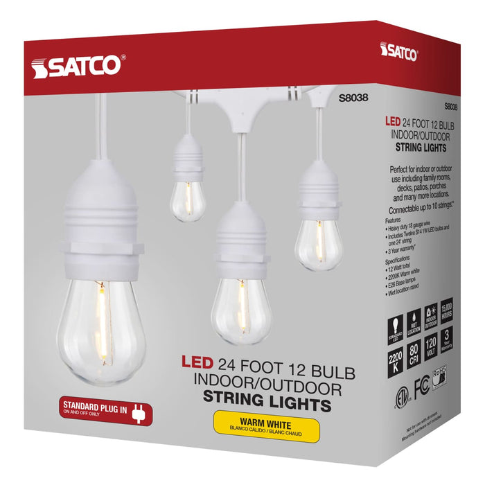 String Light Satco S8038 24Ft - LED String Light - Includes 12-S14 bulbs - 2200K - White Cord Satco