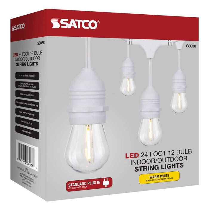 String Light Satco S8038 24Ft - LED String Light - Includes 12-S14 bulbs - 2200K - White Cord Satco