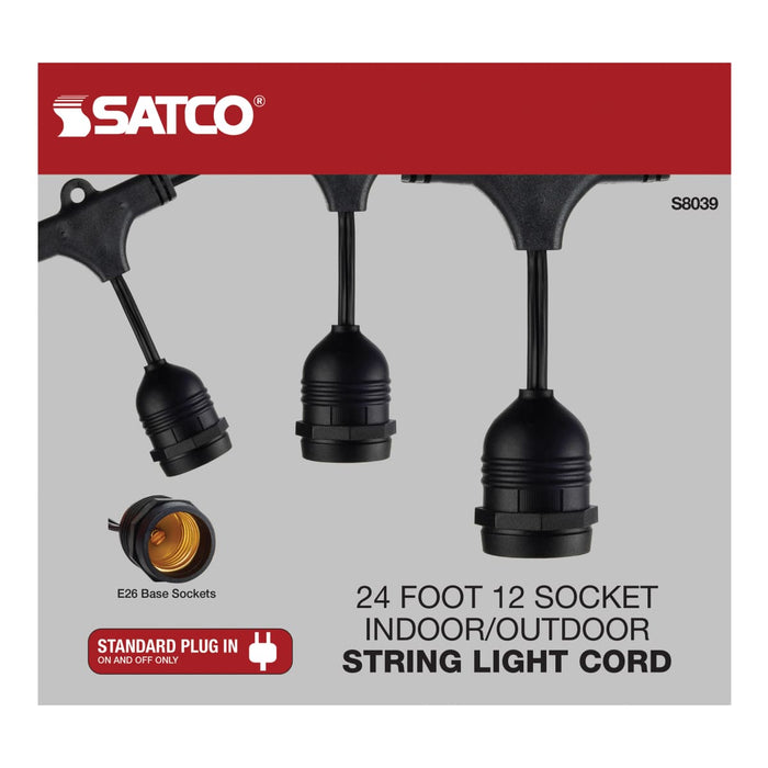String Light Satco S8039 24Ft - LED String Light - 12 Socketed Black Cord and Plug Only Satco