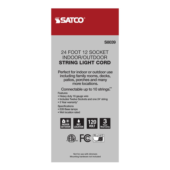String Light Satco S8039 24Ft - LED String Light - 12 Socketed Black Cord and Plug Only Satco