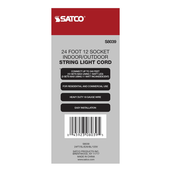 String Light Satco S8039 24Ft - LED String Light - 12 Socketed Black Cord and Plug Only Satco
