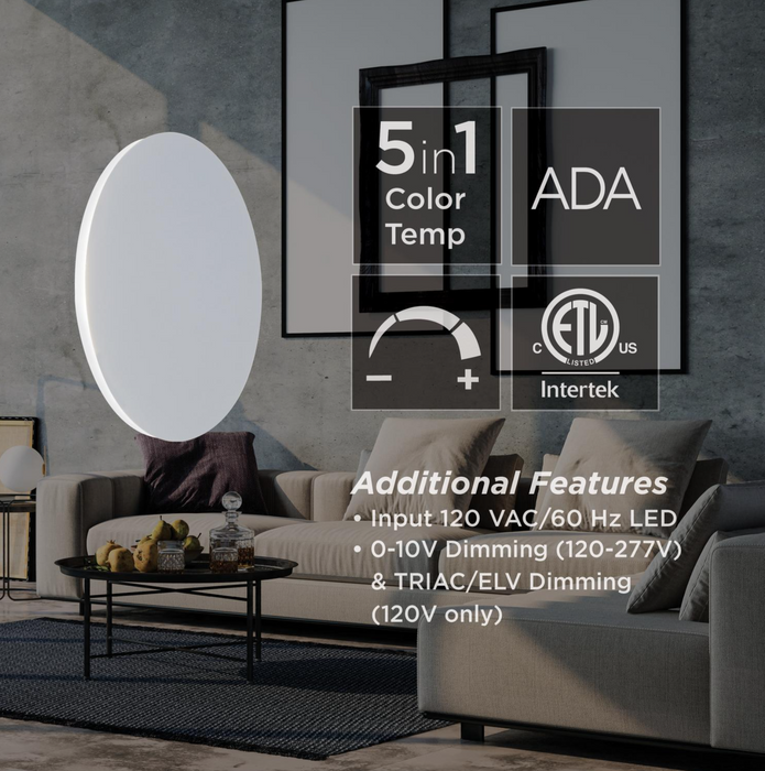 Living room with a modern light fixture and product features overlay.