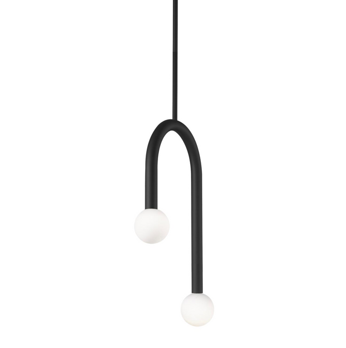 Minimalist pendant light with black arch and white bulbs on a white background
