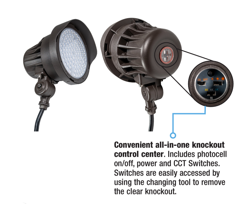 Two bullet flood light fixtures with a control panel 