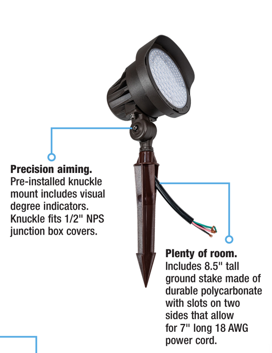 Bullet Flood light fixture showing knuckle mount and features and specifications.