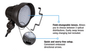 LED light fixture with interchangeable lenses and setup features highlighted