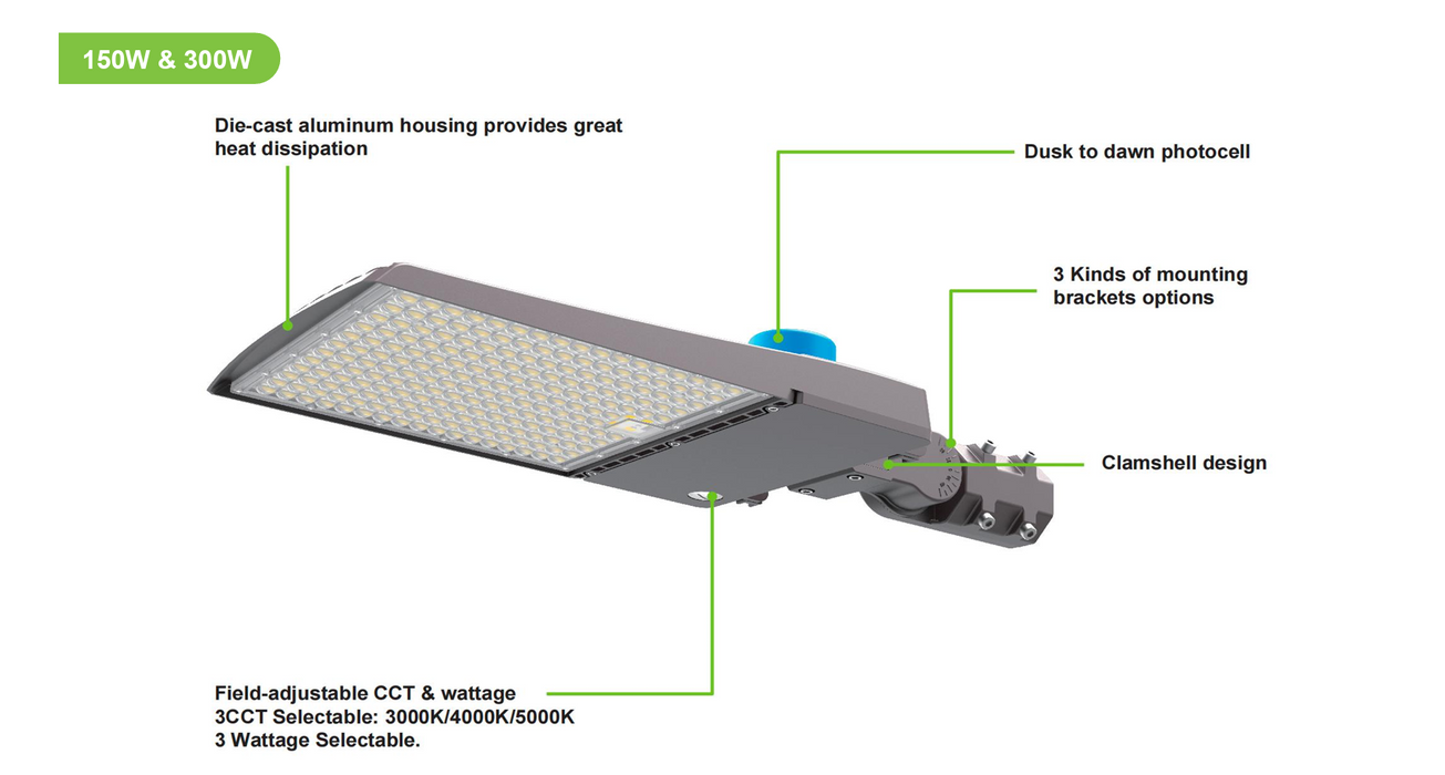 LED Shoebox Area Light 100W/120W/150W Selectable, 3CCT, Type III