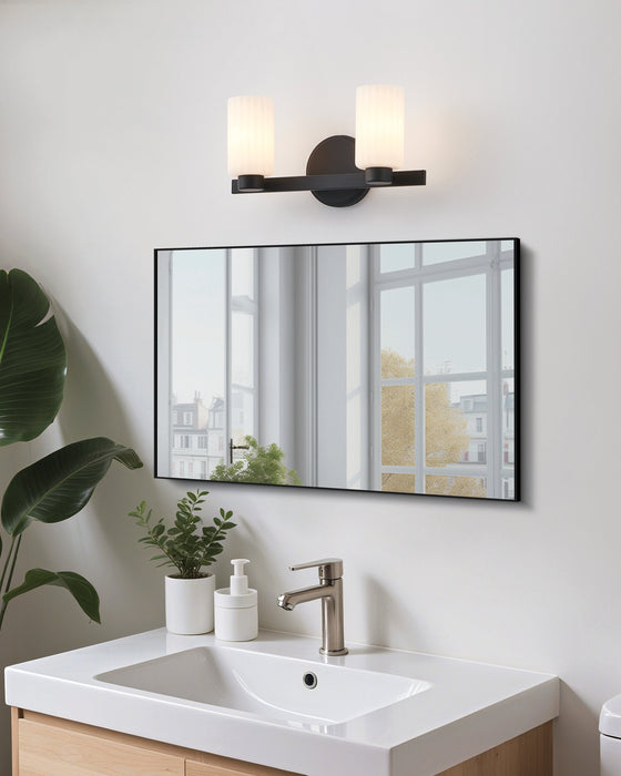 Vanity Light Thesis 207031A Bedminster 14 inch 2 light Matte Black Vanity Light with Etched Opal Ribbed Glass Shades THESIS