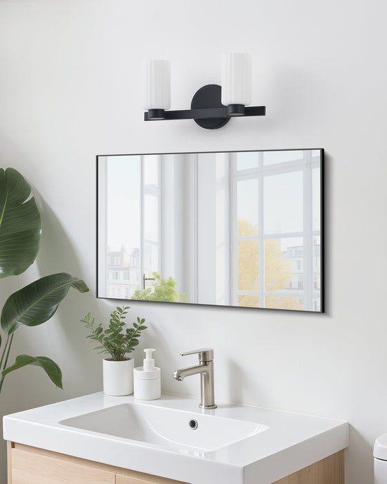 Vanity Light Thesis 207031A Bedminster 14 inch 2 light Matte Black Vanity Light with Etched Opal Ribbed Glass Shades THESIS