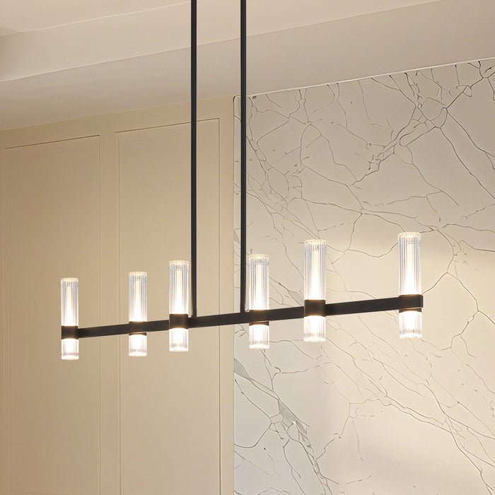 Chandelier Thesis 207313A Ristretto 50 inch 12 light Matte Black LED Linear Chandelier with Clear Ribbed and White Acrylic Shades THESIS