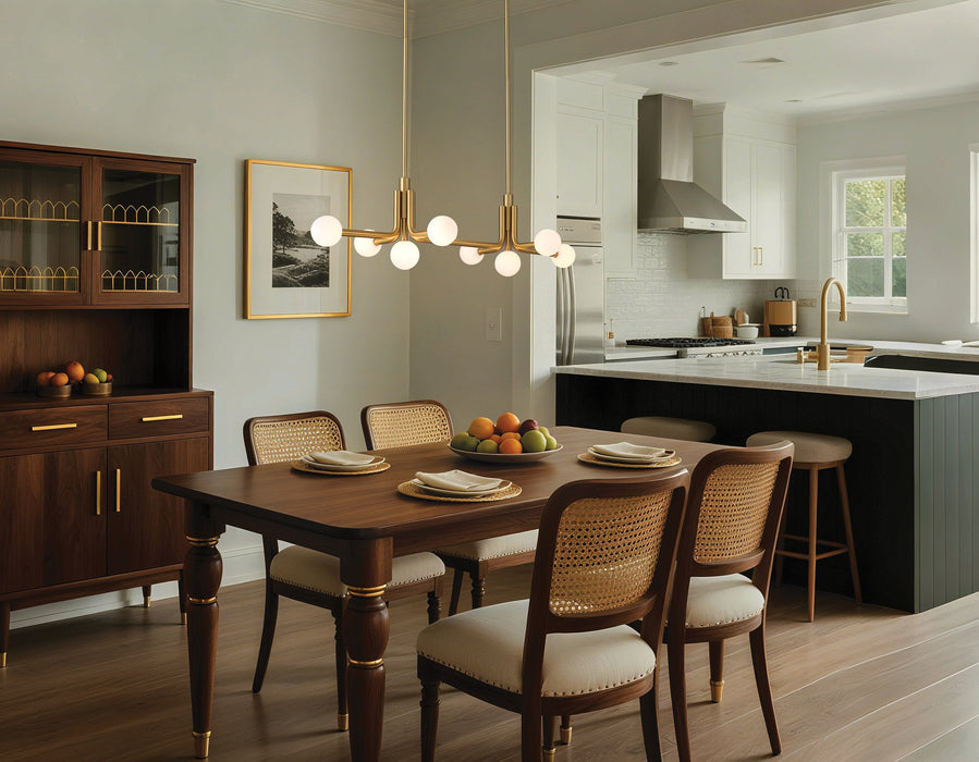 Chandelier Thesis 207355A Stockholm 50 inch 8 light Champagne Gold Linear Chandelier with Opal Glass Shades THESIS