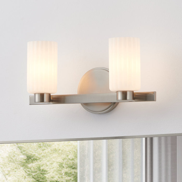 Vanity Light Thesis 207035A Bedminster 14 inch 2 light Brushed Nickel Vanity Light with Etched Opal Ribbed Glass Shades THESIS