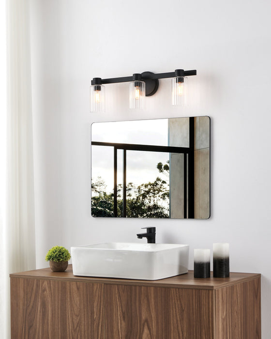 Vanity Light Thesis 207037A Bedminster 24 inch 3 light Matte Black Vanity Light with Clear Ribbed Glass Shades THESIS