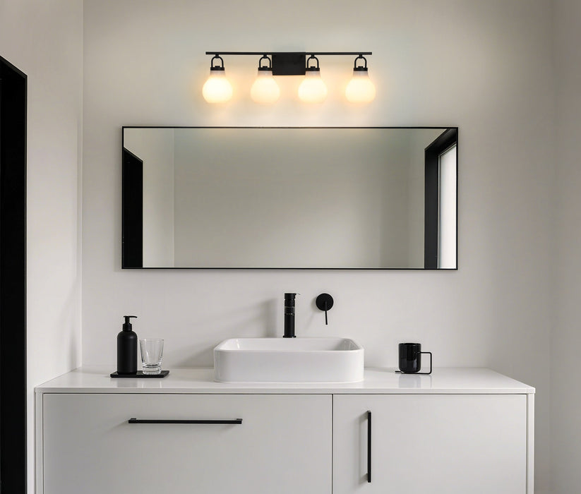 Vanity Light Thesis 207853A Mansfield 34 inch 4 light Matte Black Vanity Light with Opal Glass Shades THESIS