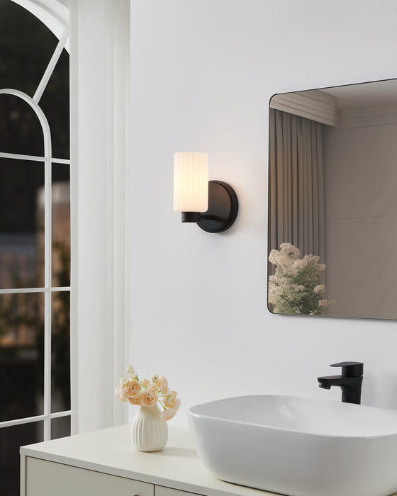 Vanity Light Thesis 207024A Bedminster 5 inch 1 light Matte Black Vanity Light with Etched Opal Ribbed Glass Shade THESIS