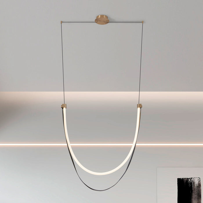 Chandelier Thesis 207277A Ayers 43 inch 1 light Champagne Gold with Black and Brown Faux Leather 5CCT LED Linear Chandelier THESIS