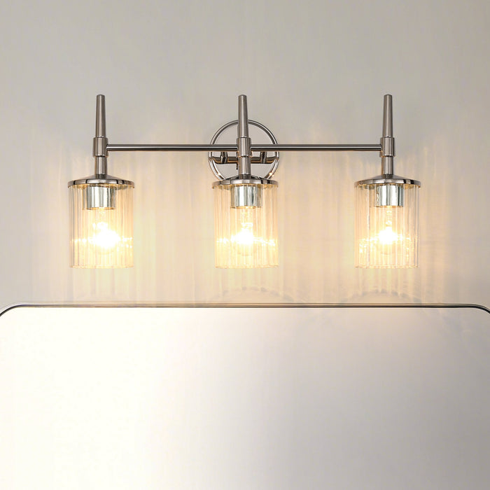 Vanity Light Thesis 207698A Andrea 24 inch 3 light Polished Nickel Vanity Light with Clear Ribbed Glass Shades THESIS