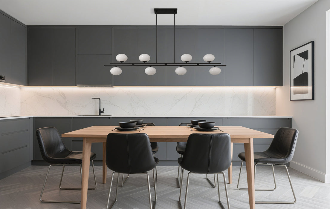 Chandelier Thesis 207386A Julep 64 inch 8 light Matte Black Linear Chandelier with Opal Glass Shades THESIS