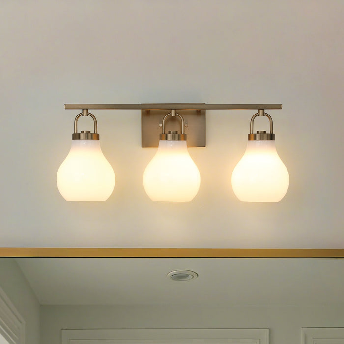 Vanity Light Thesis 207856A Mansfield 24 inch 3 light Champagne Gold Vanity Light with Opal Glass Shades THESIS