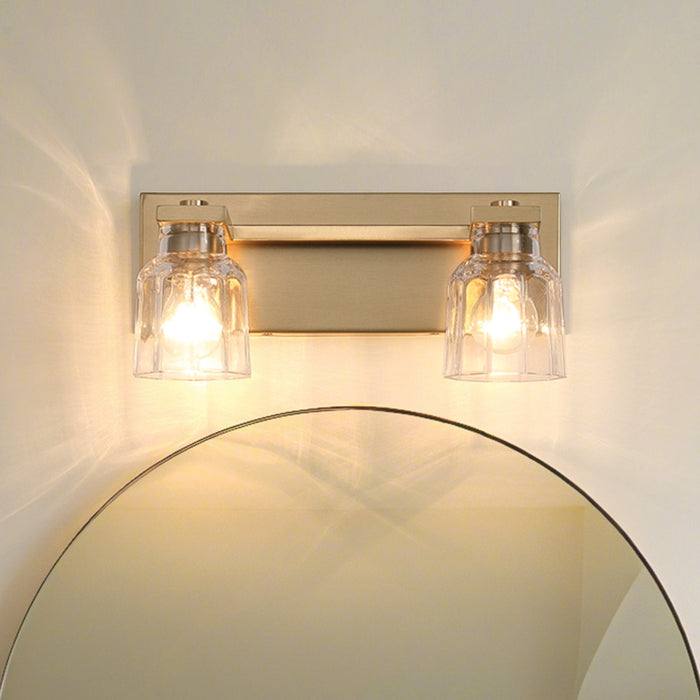 Vanity Light Thesis 207666A Dryden 15 inch 2 light Champagne Gold Vanity Light with Clear Ribbed Glass Shades THESIS