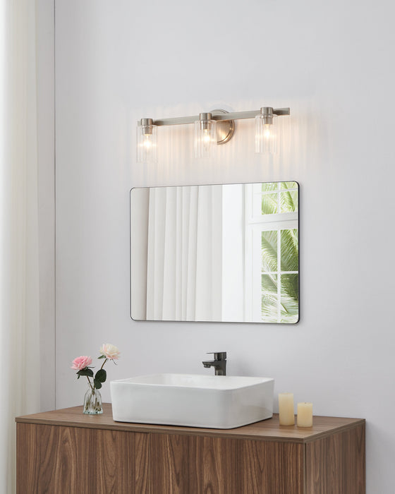 Vanity Light Thesis 207041A Bedminster 24 inch 3 light Brushed Nickel Vanity Light with Clear Ribbed Glass Shades THESIS