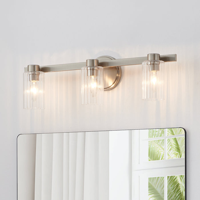 Vanity Light Thesis 207041A Bedminster 24 inch 3 light Brushed Nickel Vanity Light with Clear Ribbed Glass Shades THESIS