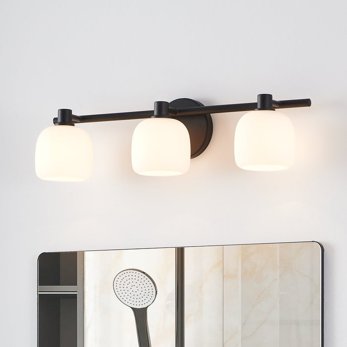 Vanity Light Thesis 207011A Valentina 24 inch 3 light Matte Black Vanity Light with Etched Opal Glass Shades THESIS