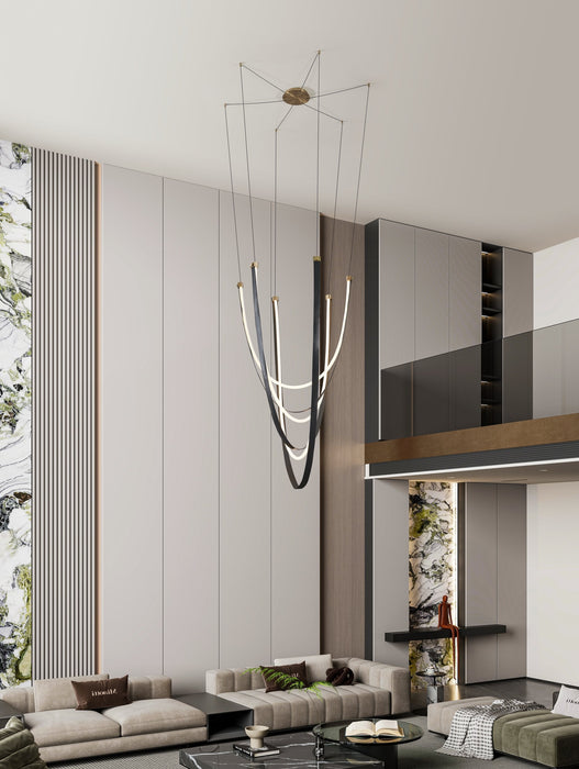 Chandelier Thesis 207276A Ayers 59 inch 3 light Champagne Gold with Black and Brown Faux Leather 5CCT LED Chandelier THESIS