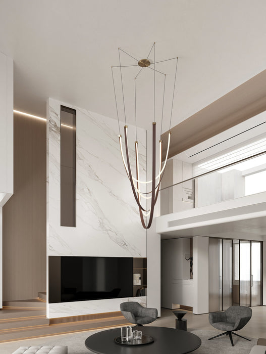 Chandelier Thesis 207276A Ayers 59 inch 3 light Champagne Gold with Black and Brown Faux Leather 5CCT LED Chandelier THESIS