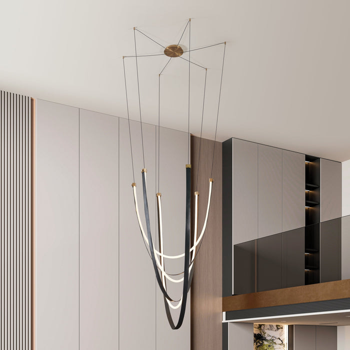 Chandelier Thesis 207276A Ayers 59 inch 3 light Champagne Gold with Black and Brown Faux Leather 5CCT LED Chandelier THESIS