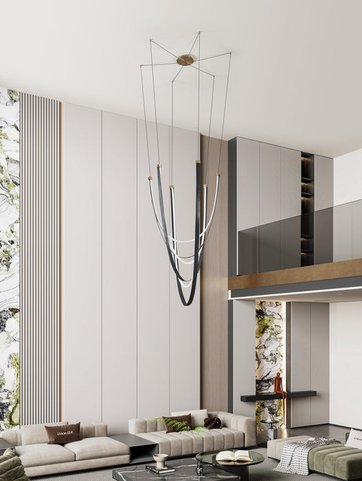 Chandelier Thesis 207276A Ayers 59 inch 3 light Champagne Gold with Black and Brown Faux Leather 5CCT LED Chandelier THESIS