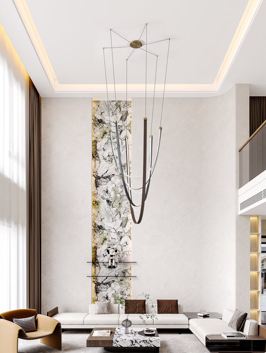 Chandelier Thesis 207276A Ayers 59 inch 3 light Champagne Gold with Black and Brown Faux Leather 5CCT LED Chandelier THESIS