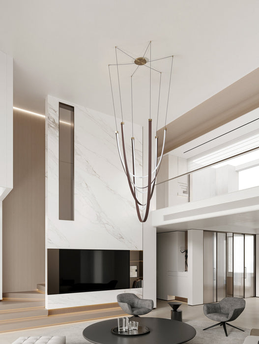 Chandelier Thesis 207276A Ayers 59 inch 3 light Champagne Gold with Black and Brown Faux Leather 5CCT LED Chandelier THESIS