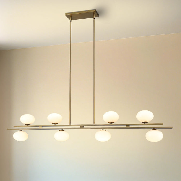 Chandelier Thesis 207378A Julep 64 inch 8 light Brushed Gold Linear Chandelier with Opal Glass Shades THESIS